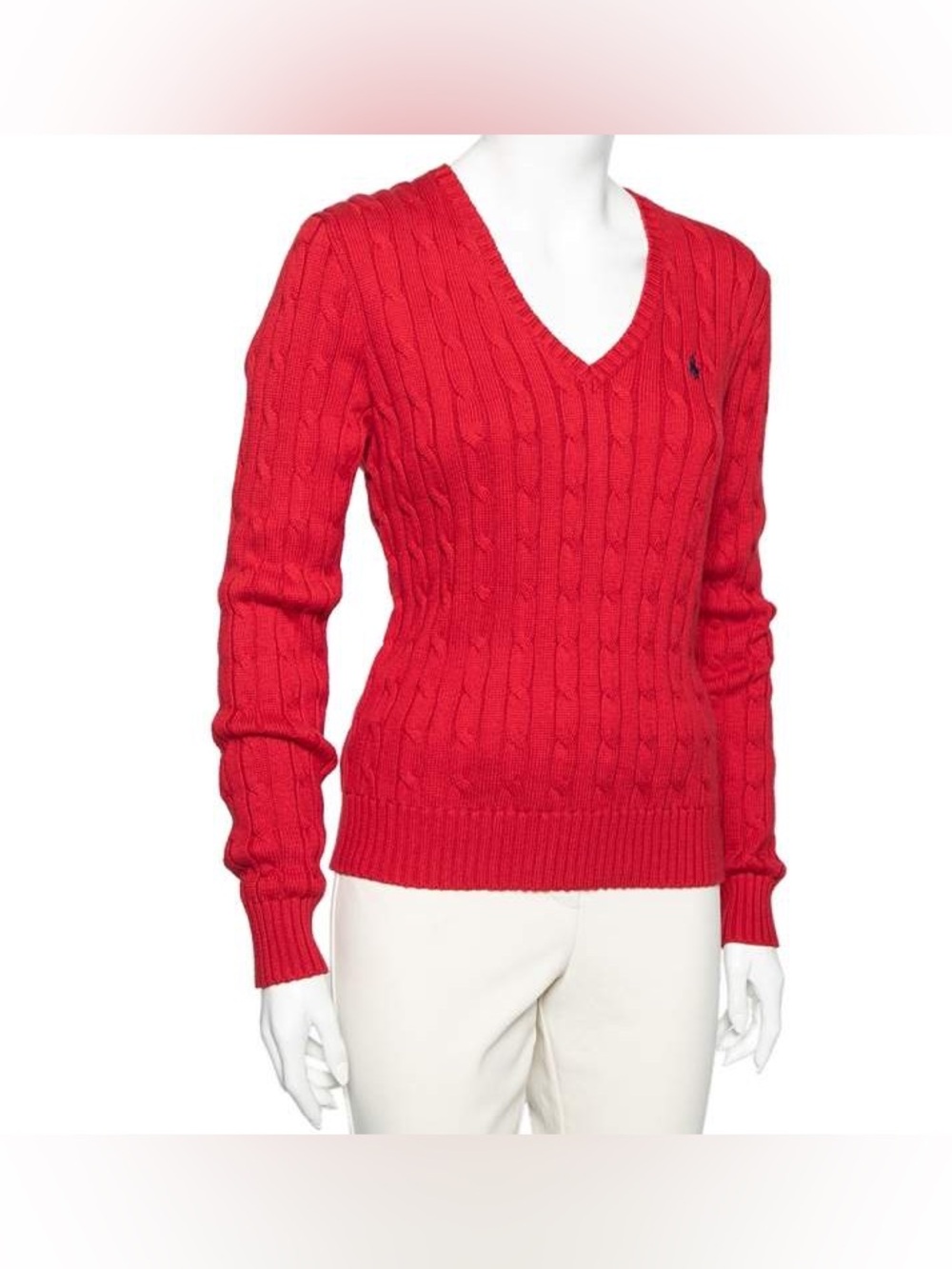 Ralph Lauren Coral Cable-Knit V-Neck Sweater with Blue Pony